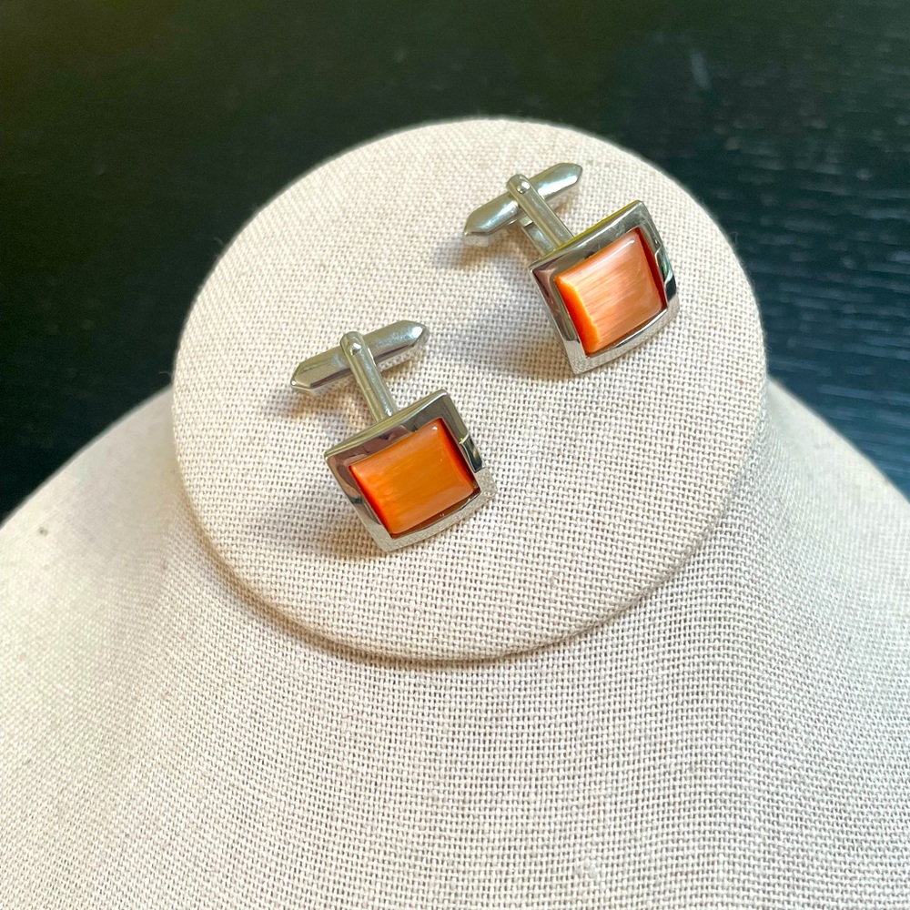 🩶 🧡 Quality Silver and Orange Cufflinks, Unisex
